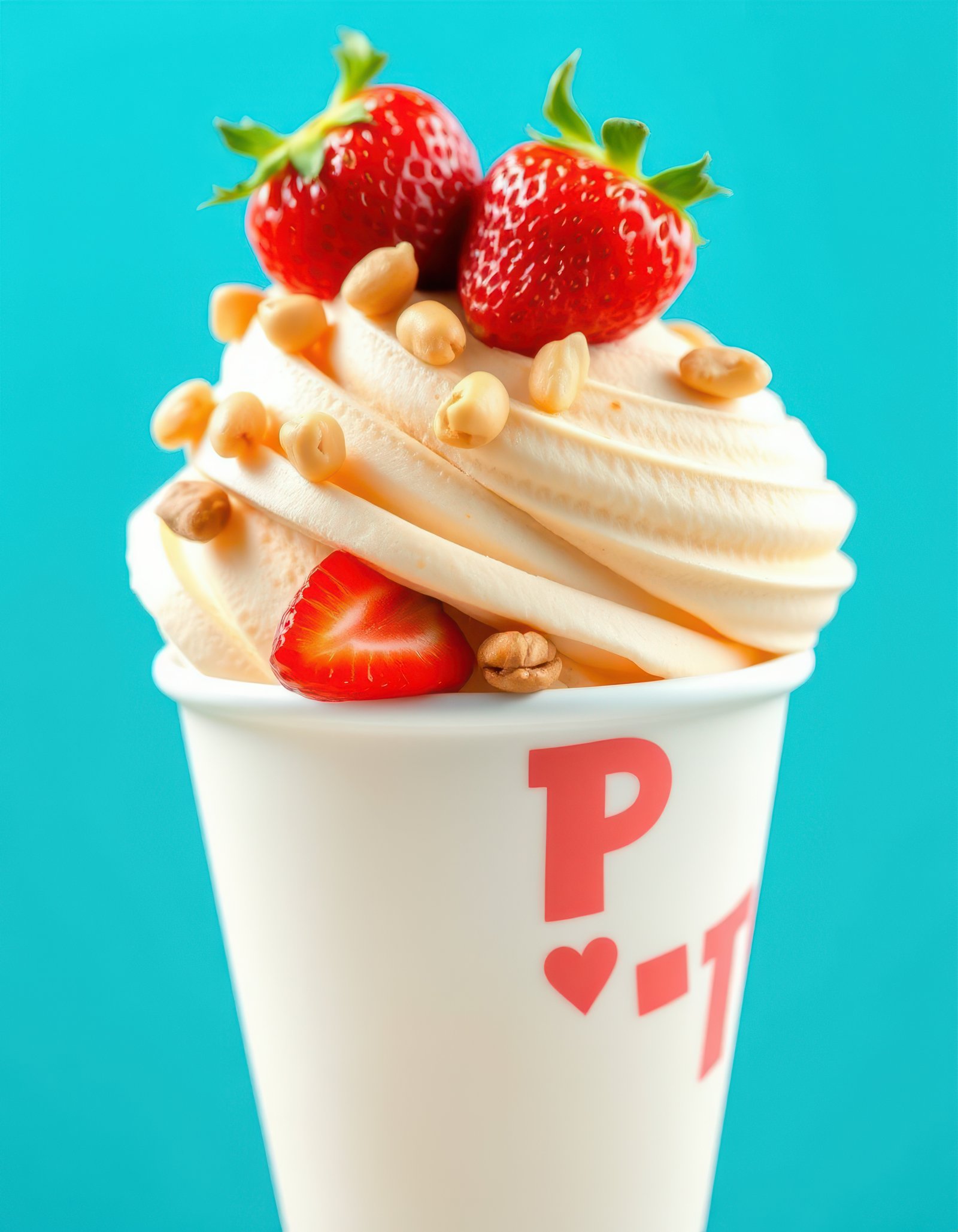 Delicious frosty dessert topped with fresh strawberries and nuts on a bright blue background